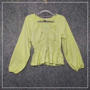 Universal Thread Linen Blouse Women S Yellow Peplum Balloon Sleeve Smocked Waist
